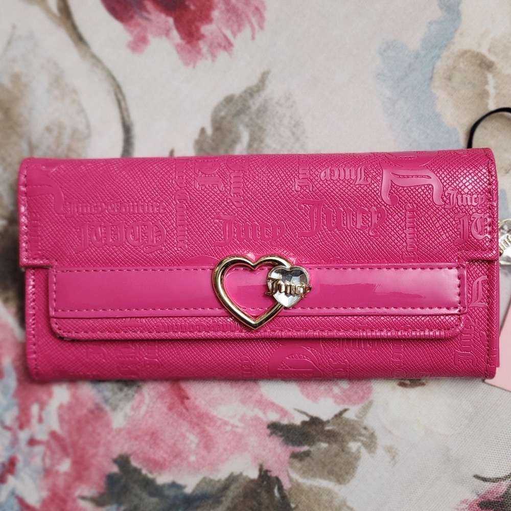 New Juicy Couture Open Heart Single Gusset Flap Clutch Wallet-Pink Flash